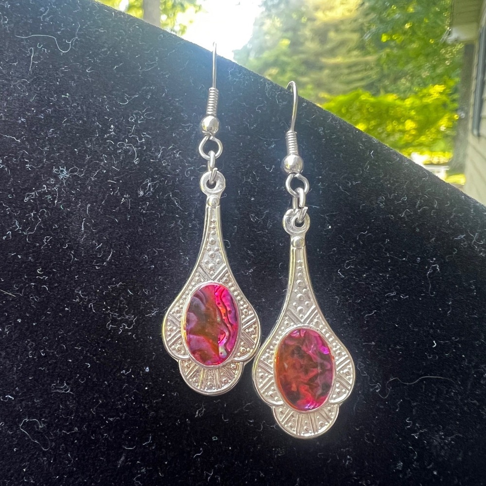 Silver Tone Art Deco Style Dangle Earrings Pink Abalone Shell Teardrop Earrings